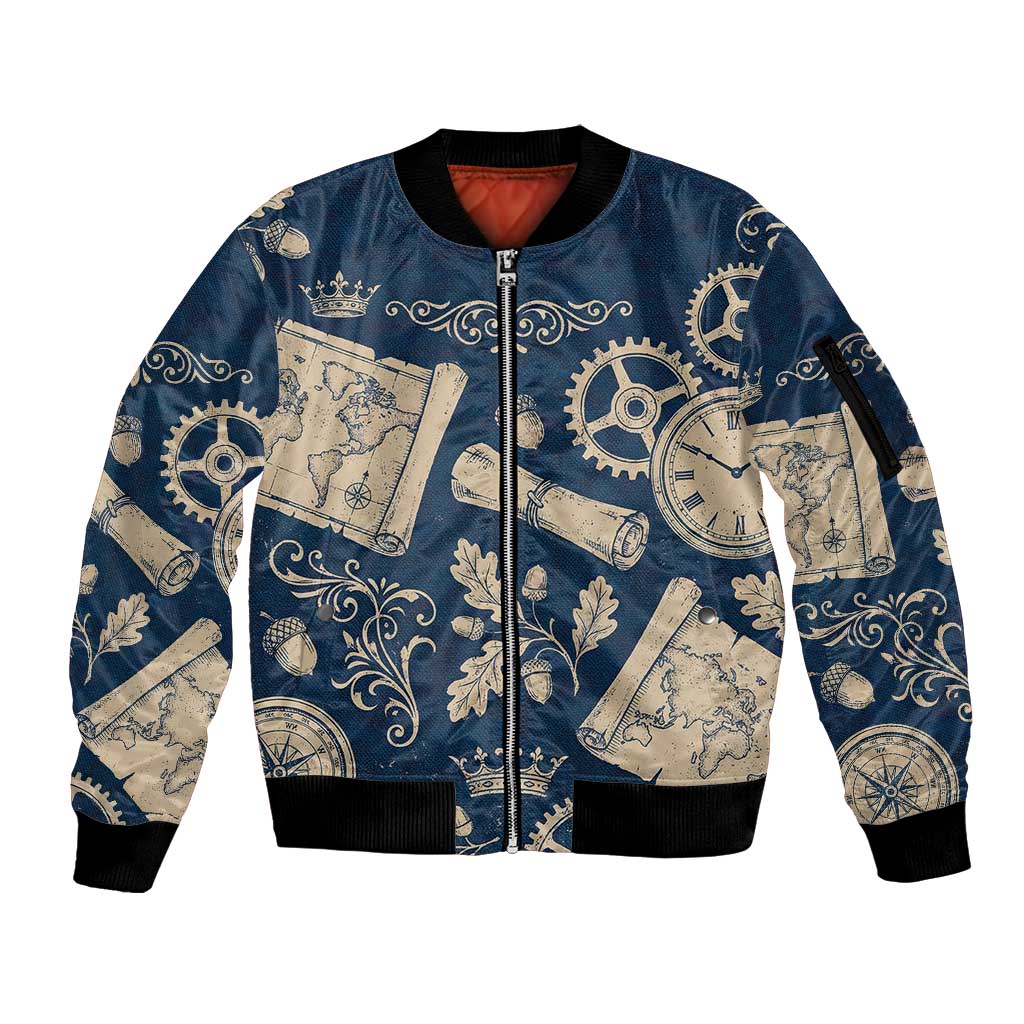 Legend 1976 Vintage Gears and Scrolls Design Sleeve Zip Bomber Jacket with Crown Motif in Classic Blue and Beige Retro