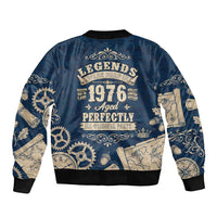 Legend 1976 Vintage Gears and Scrolls Design Sleeve Zip Bomber Jacket with Crown Motif in Classic Blue and Beige Retro