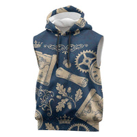 Legend 1976 Vintage Gears and Scrolls Design Sleeveless Hoodie with Crown Motif in Classic Blue and Beige Retro