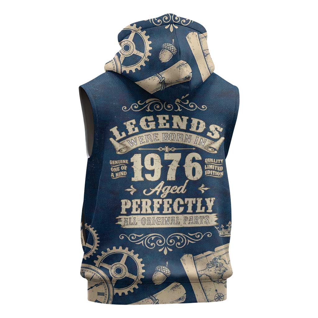 Legend 1976 Vintage Gears and Scrolls Design Sleeveless Hoodie with Crown Motif in Classic Blue and Beige Retro