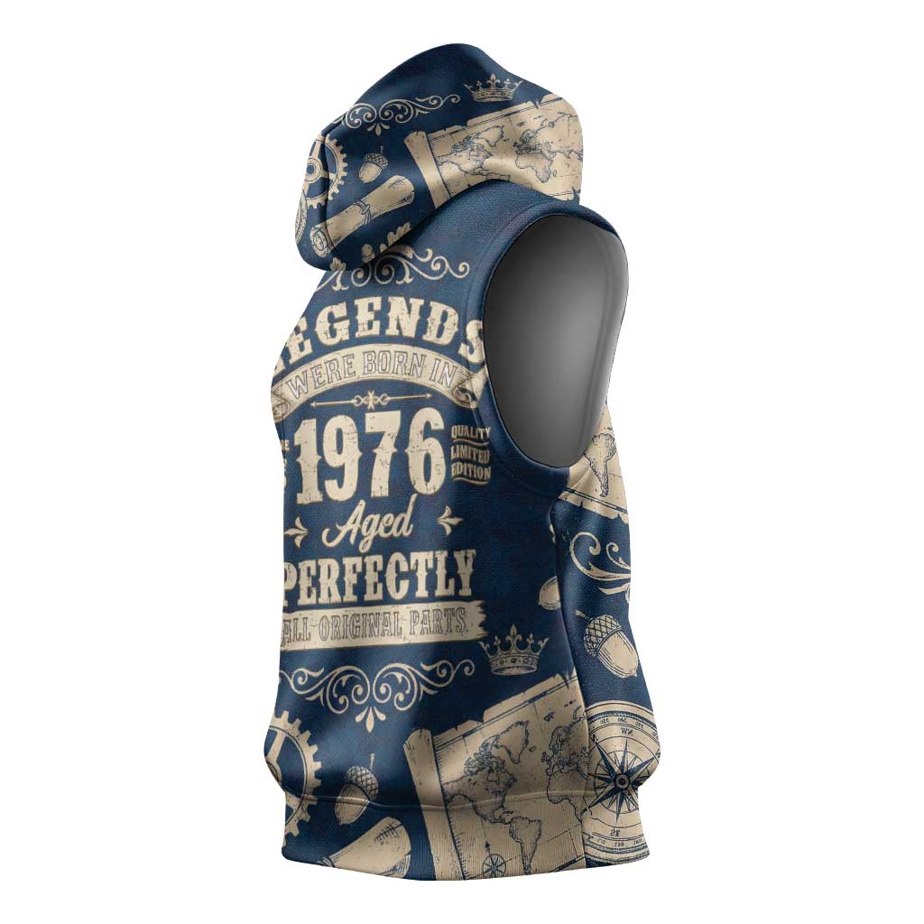 Legend 1976 Vintage Gears and Scrolls Design Sleeveless Hoodie with Crown Motif in Classic Blue and Beige Retro