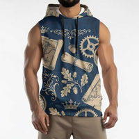 Legend 1976 Vintage Gears and Scrolls Design Sleeveless Hoodie with Crown Motif in Classic Blue and Beige Retro