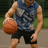 Legend 1976 Vintage Gears and Scrolls Design Sleeveless Hoodie with Crown Motif in Classic Blue and Beige Retro