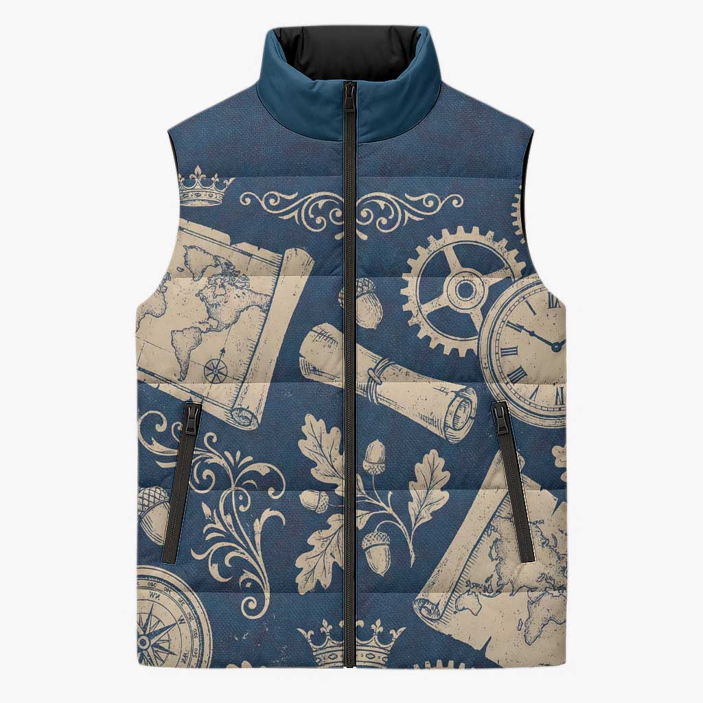 Legend 1976 Vintage Gears and Scrolls Design Sleeveless Puffer Jacket with Crown Motif in Classic Blue and Beige Retro