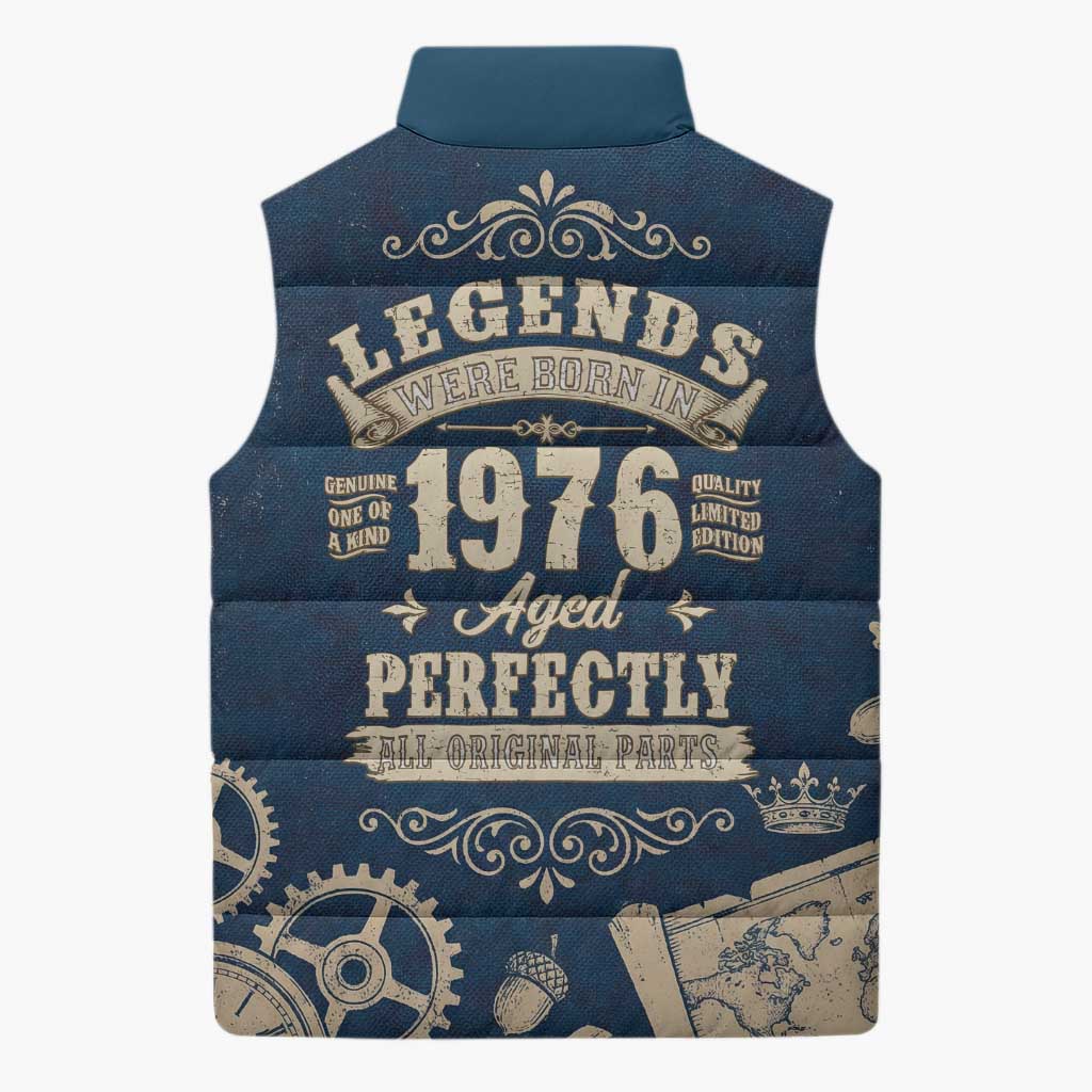 Legend 1976 Vintage Gears and Scrolls Design Sleeveless Puffer Jacket with Crown Motif in Classic Blue and Beige Retro