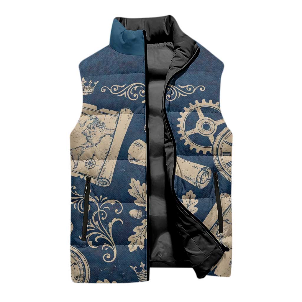 Legend 1976 Vintage Gears and Scrolls Design Sleeveless Puffer Jacket with Crown Motif in Classic Blue and Beige Retro