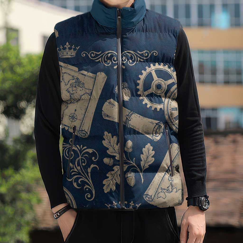 Legend 1976 Vintage Gears and Scrolls Design Sleeveless Puffer Jacket with Crown Motif in Classic Blue and Beige Retro