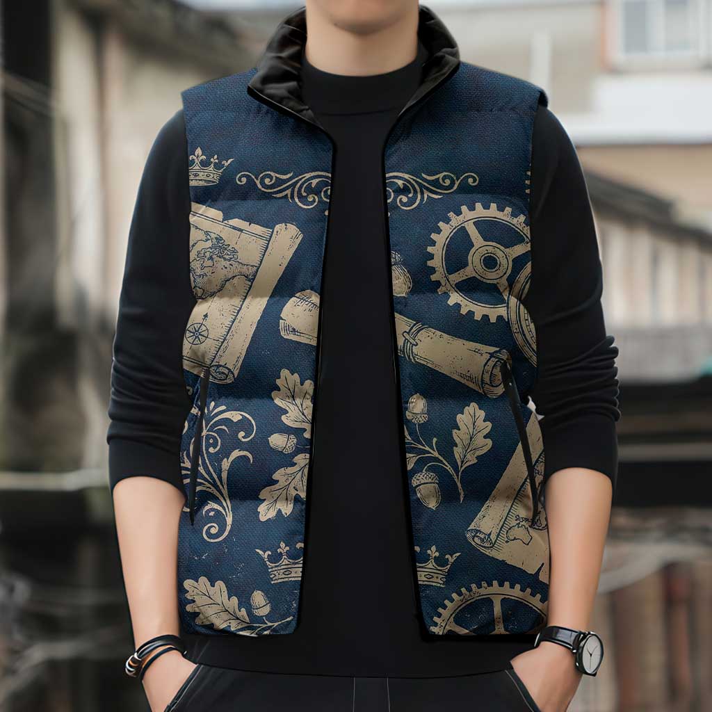 Legend 1976 Vintage Gears and Scrolls Design Sleeveless Puffer Jacket with Crown Motif in Classic Blue and Beige Retro