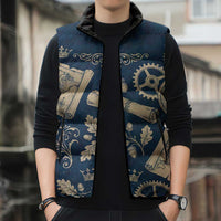 Legend 1976 Vintage Gears and Scrolls Design Sleeveless Puffer Jacket with Crown Motif in Classic Blue and Beige Retro