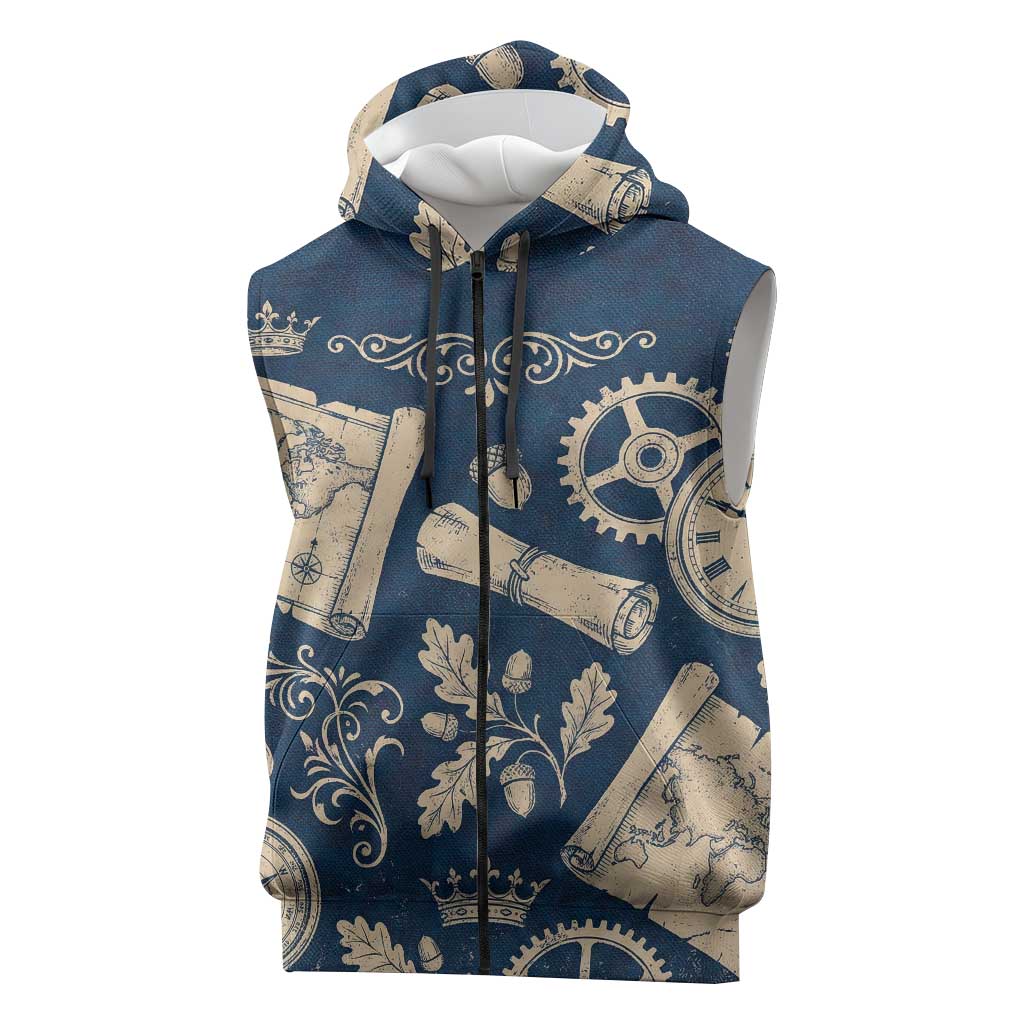 Legend 1976 Vintage Gears and Scrolls Design Sleeveless Zip Hoodie with Crown Motif in Classic Blue and Beige Retro