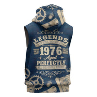 Legend 1976 Vintage Gears and Scrolls Design Sleeveless Zip Hoodie with Crown Motif in Classic Blue and Beige Retro
