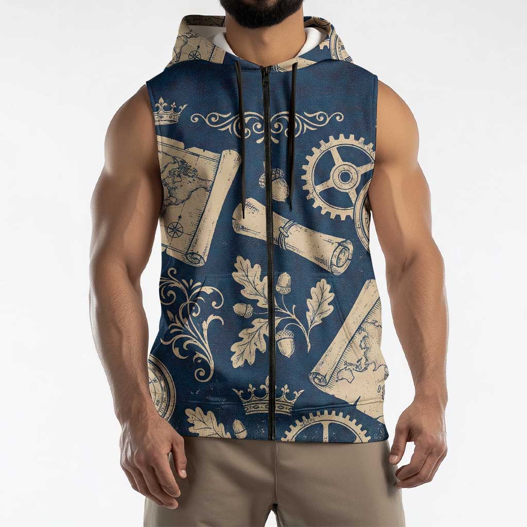 Legend 1976 Vintage Gears and Scrolls Design Sleeveless Zip Hoodie with Crown Motif in Classic Blue and Beige Retro