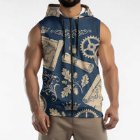 Legend 1976 Vintage Gears and Scrolls Design Sleeveless Zip Hoodie with Crown Motif in Classic Blue and Beige Retro