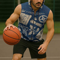 Legend 1976 Vintage Gears and Scrolls Design Sleeveless Zip Hoodie with Crown Motif in Classic Blue and Beige Retro