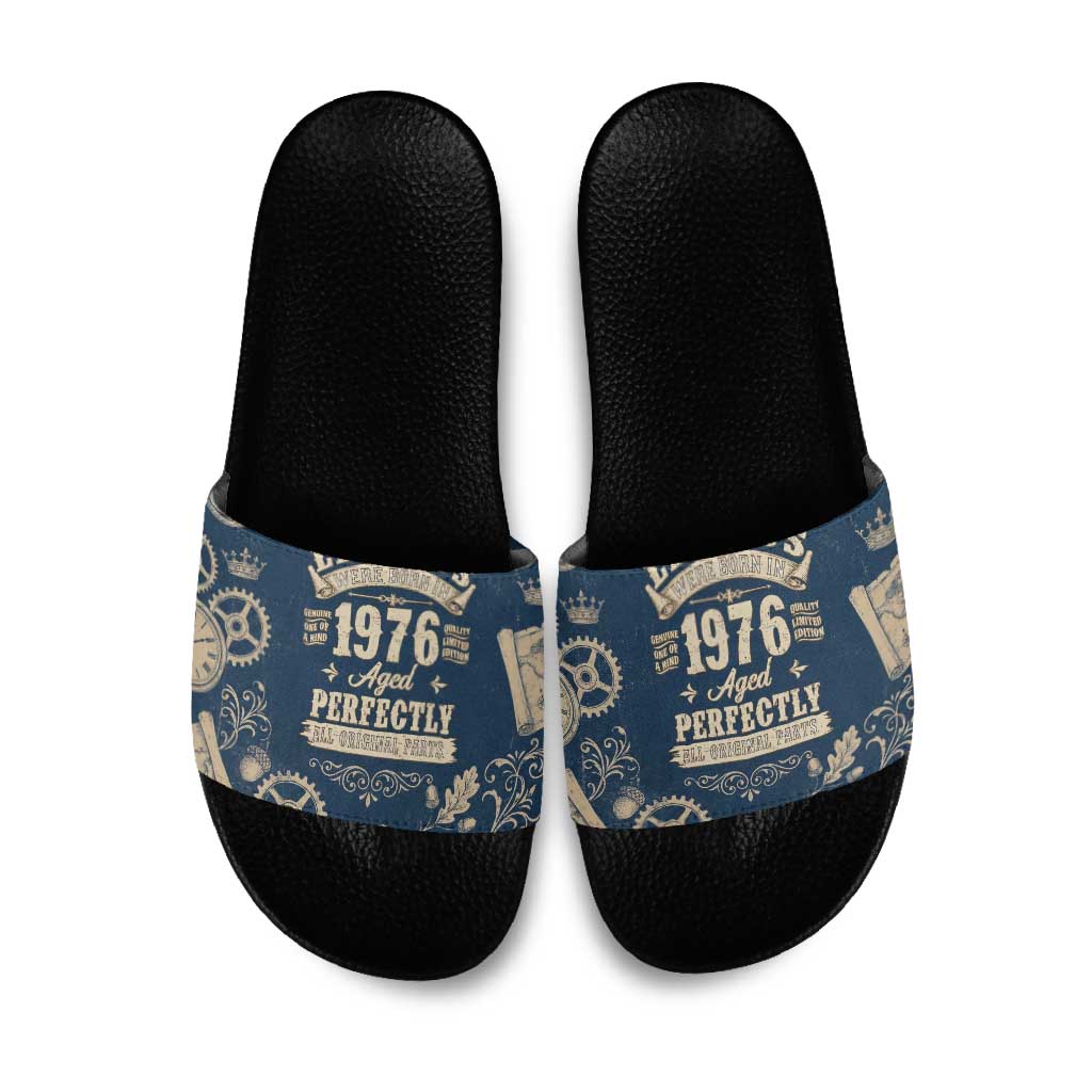 Legend 1976 Vintage Gears and Scrolls Design Slide Sandals with Crown Motif in Classic Blue and Beige Retro