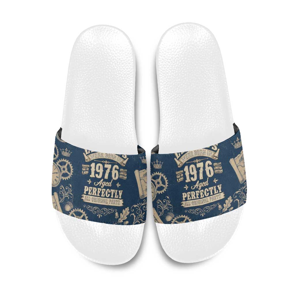 Legend 1976 Vintage Gears and Scrolls Design Slide Sandals with Crown Motif in Classic Blue and Beige Retro
