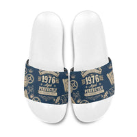 Legend 1976 Vintage Gears and Scrolls Design Slide Sandals with Crown Motif in Classic Blue and Beige Retro