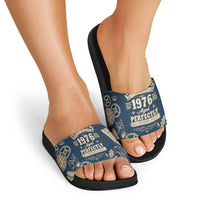 Legend 1976 Vintage Gears and Scrolls Design Slide Sandals with Crown Motif in Classic Blue and Beige Retro