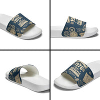 Legend 1976 Vintage Gears and Scrolls Design Slide Sandals with Crown Motif in Classic Blue and Beige Retro