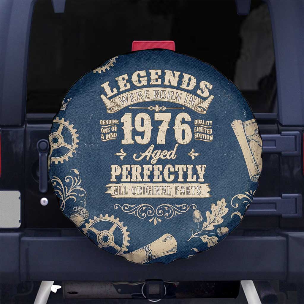 Legend 1976 Vintage Gears and Scrolls Design Spare Tire Cover with Crown Motif in Classic Blue and Beige Retro