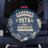 Legend 1976 Vintage Gears and Scrolls Design Spare Tire Cover with Crown Motif in Classic Blue and Beige Retro