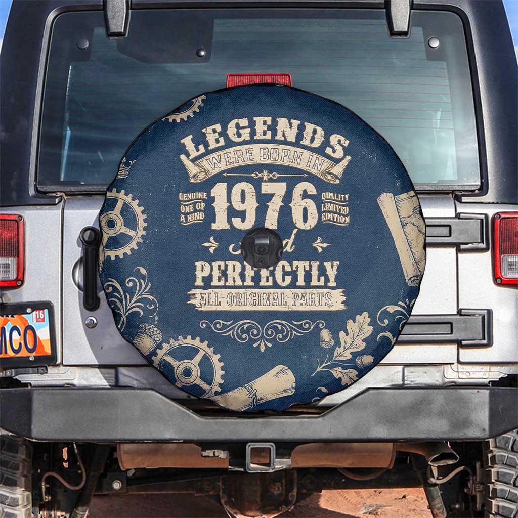 Legend 1976 Vintage Gears and Scrolls Design Spare Tire Cover with Crown Motif in Classic Blue and Beige Retro
