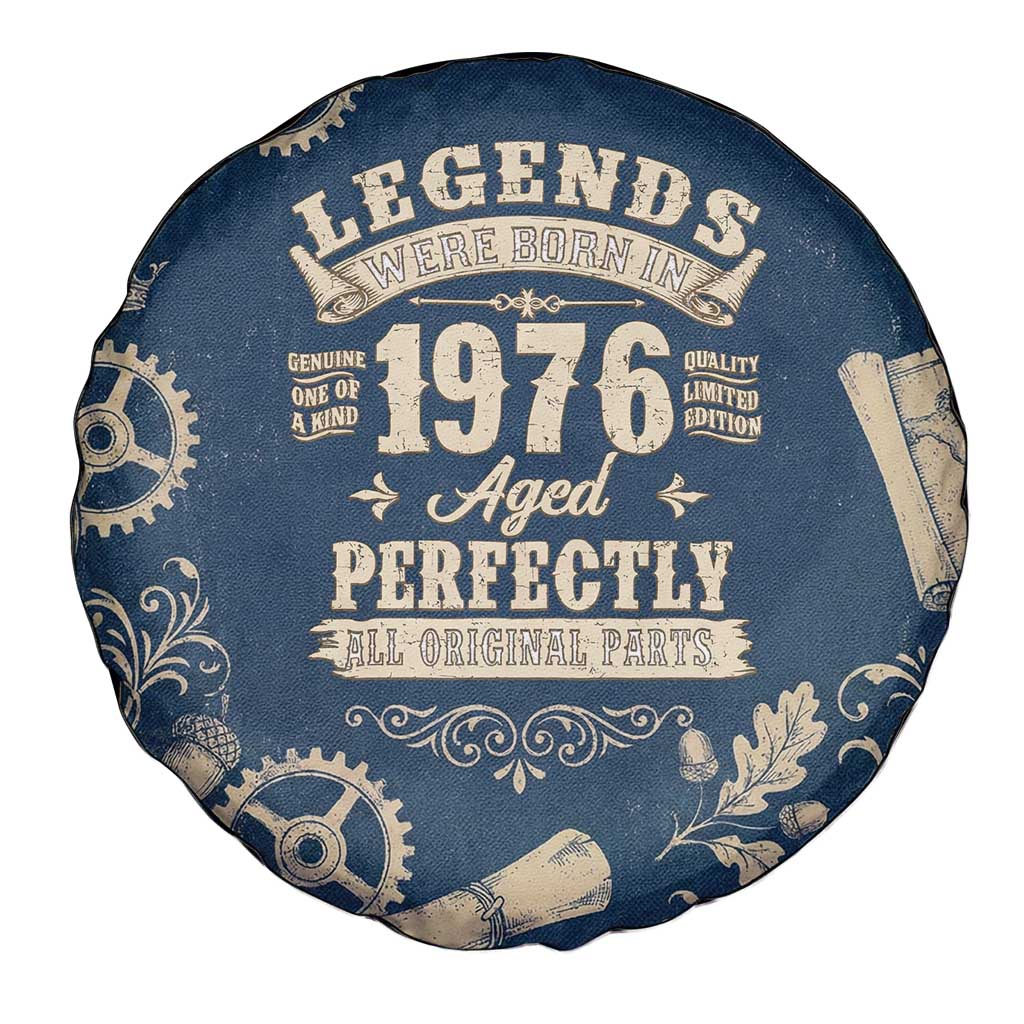 Legend 1976 Vintage Gears and Scrolls Design Spare Tire Cover with Crown Motif in Classic Blue and Beige Retro