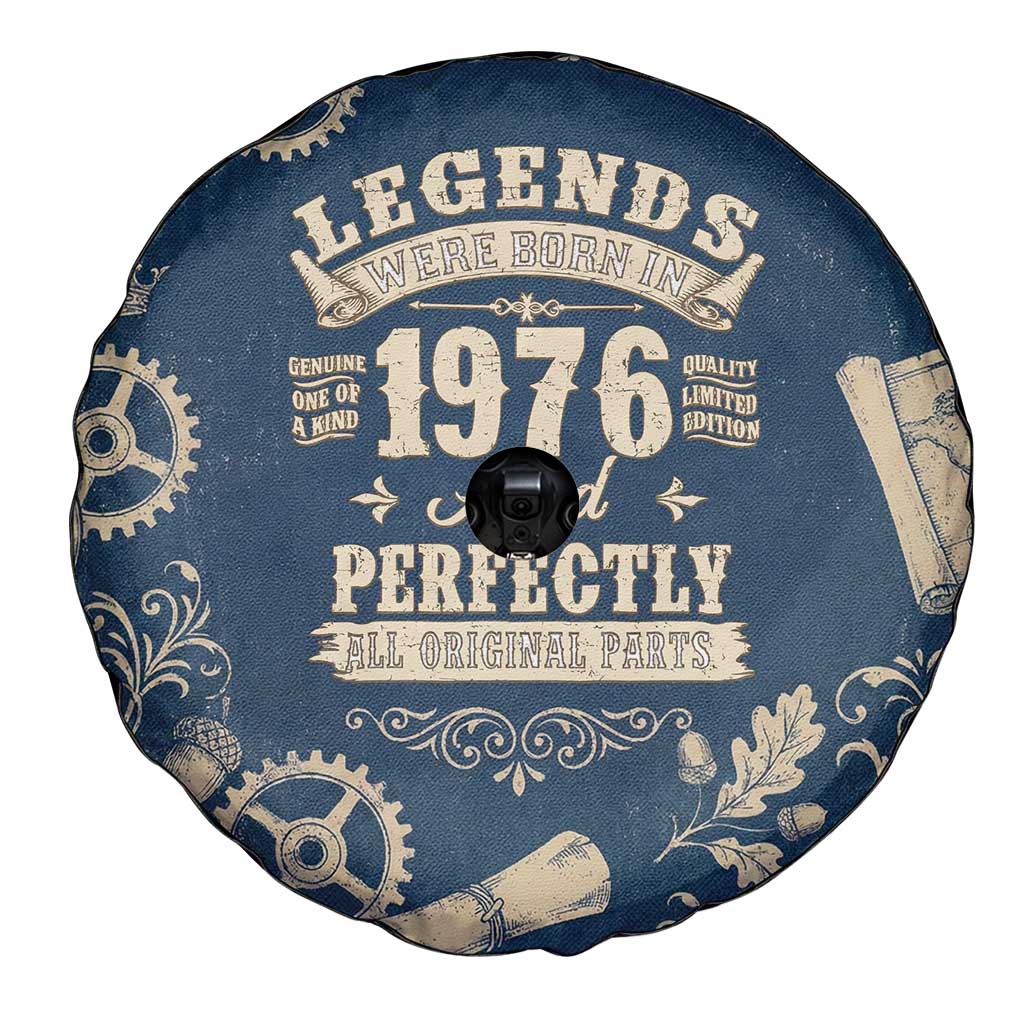 Legend 1976 Vintage Gears and Scrolls Design Spare Tire Cover with Crown Motif in Classic Blue and Beige Retro