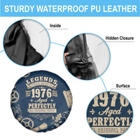 Legend 1976 Vintage Gears and Scrolls Design Spare Tire Cover with Crown Motif in Classic Blue and Beige Retro