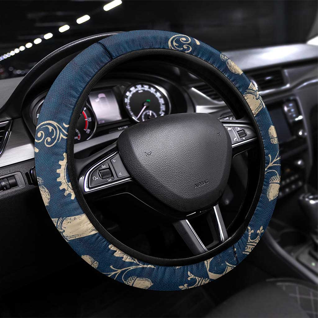 Legend 1976 Vintage Gears and Scrolls Design Steering Wheel Cover with Crown Motif in Classic Blue and Beige Retro