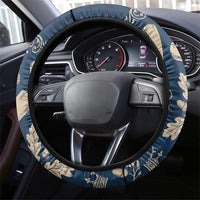 Legend 1976 Vintage Gears and Scrolls Design Steering Wheel Cover with Crown Motif in Classic Blue and Beige Retro