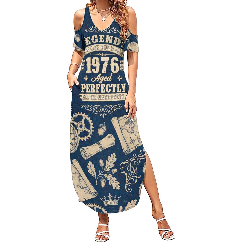 Legend 1976 Vintage Gears and Scrolls Design Summer Maxi Dress with Crown Motif in Classic Blue and Beige Retro