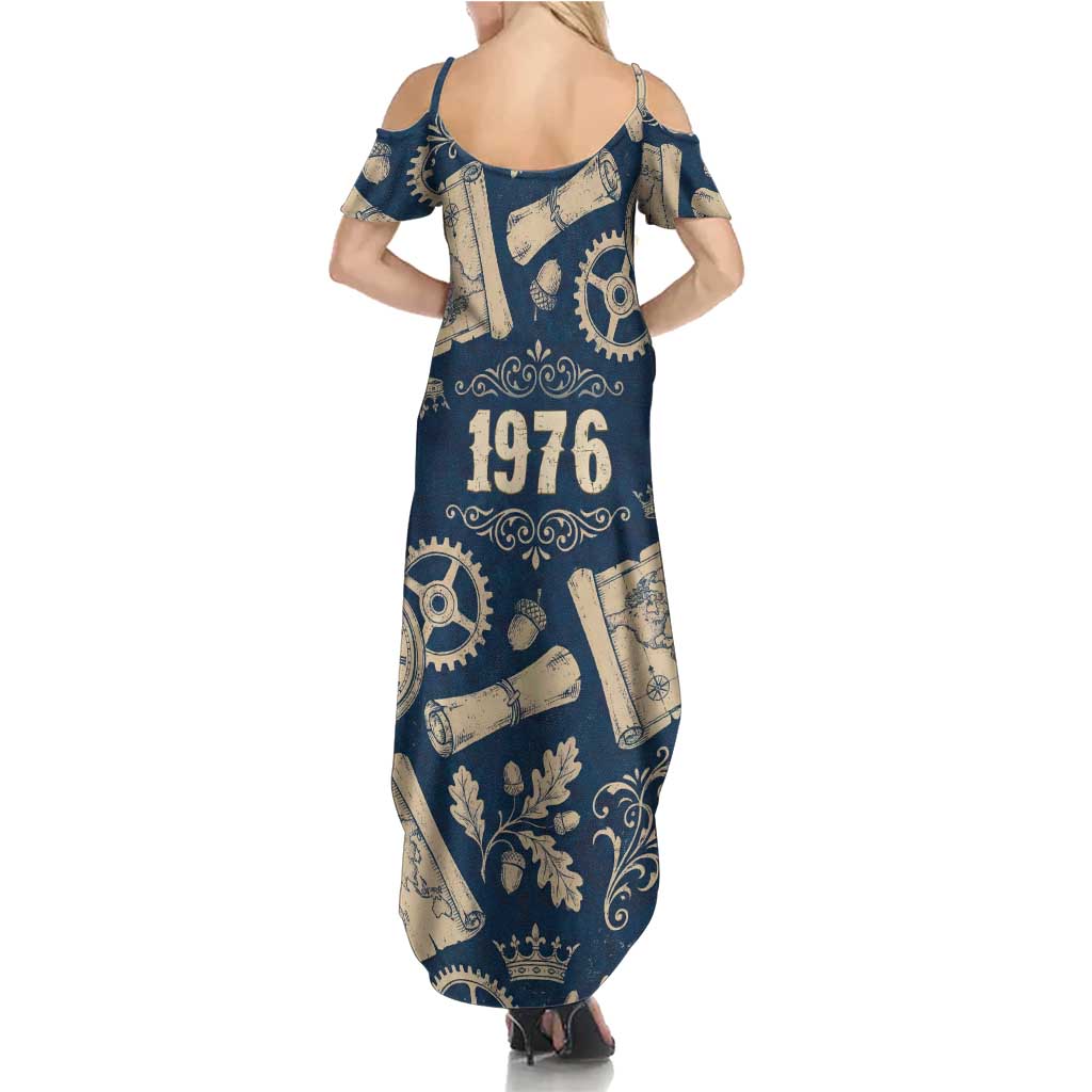 Legend 1976 Vintage Gears and Scrolls Design Summer Maxi Dress with Crown Motif in Classic Blue and Beige Retro