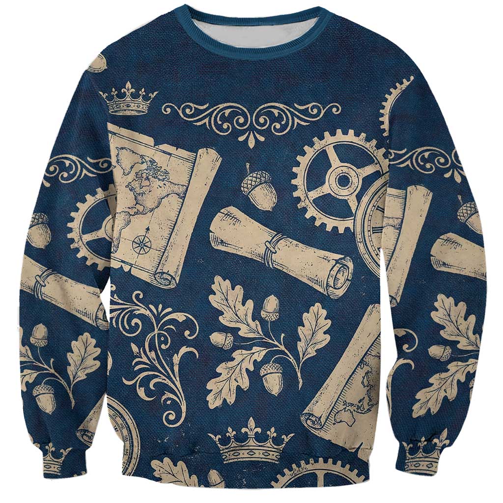 Legend 1976 Vintage Gears and Scrolls Design Sweatshirt with Crown Motif in Classic Blue and Beige Retro