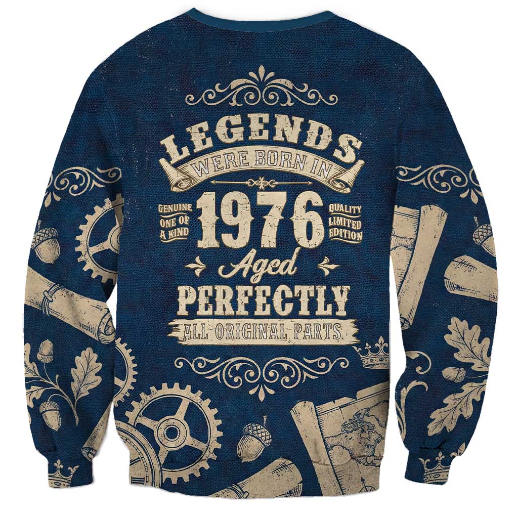 Legend 1976 Vintage Gears and Scrolls Design Sweatshirt with Crown Motif in Classic Blue and Beige Retro