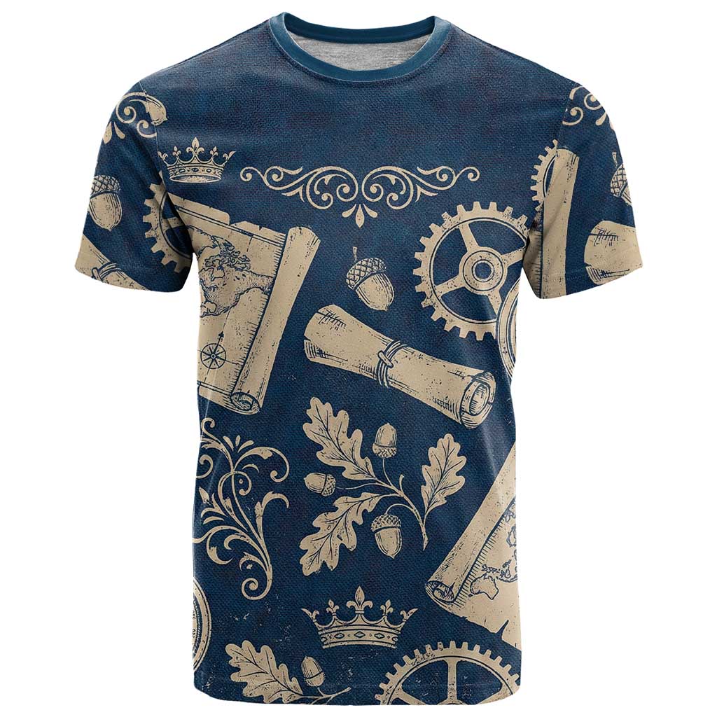 Legend 1976 Vintage Gears and Scrolls Design T Shirt with Crown Motif in Classic Blue and Beige Retro
