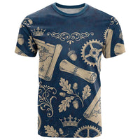 Legend 1976 Vintage Gears and Scrolls Design T Shirt with Crown Motif in Classic Blue and Beige Retro