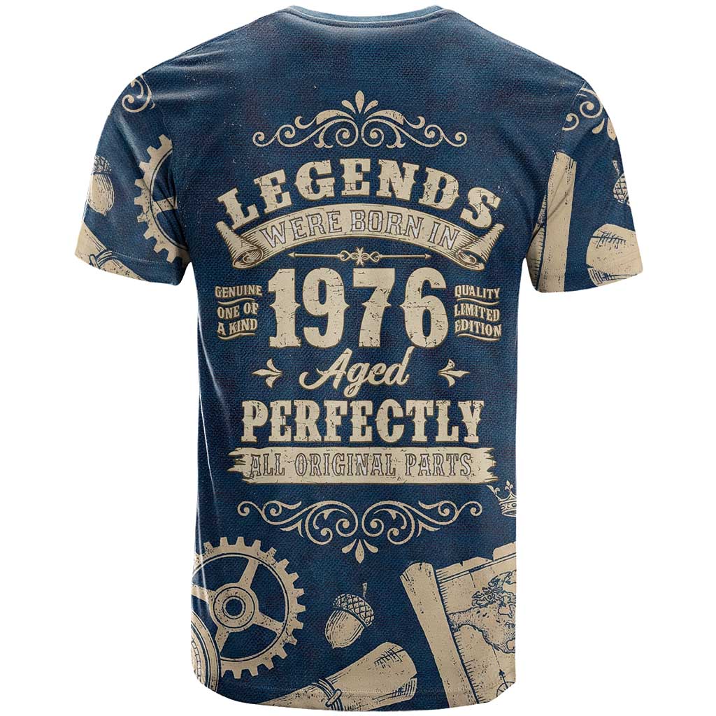 Legend 1976 Vintage Gears and Scrolls Design T Shirt with Crown Motif in Classic Blue and Beige Retro