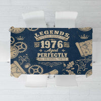 Legend 1976 Vintage Gears and Scrolls Design Tablecloth with Crown Motif in Classic Blue and Beige Retro