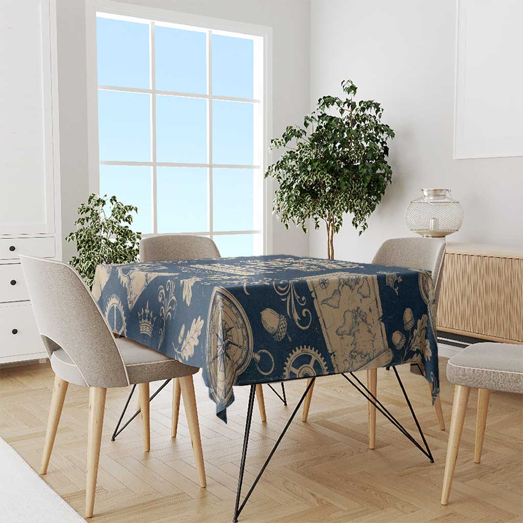 Legend 1976 Vintage Gears and Scrolls Design Tablecloth with Crown Motif in Classic Blue and Beige Retro