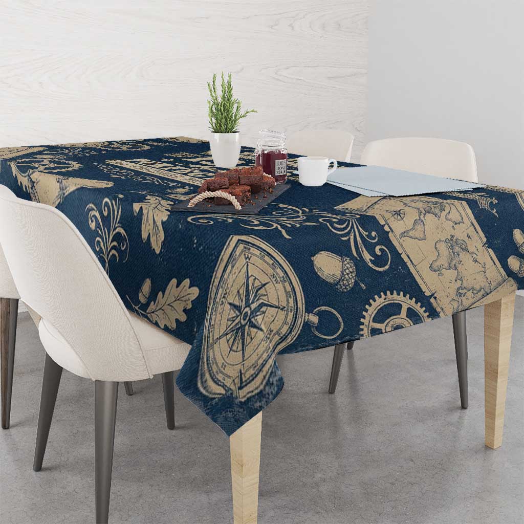 Legend 1976 Vintage Gears and Scrolls Design Tablecloth with Crown Motif in Classic Blue and Beige Retro