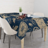 Legend 1976 Vintage Gears and Scrolls Design Tablecloth with Crown Motif in Classic Blue and Beige Retro