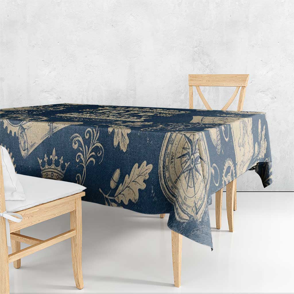 Legend 1976 Vintage Gears and Scrolls Design Tablecloth with Crown Motif in Classic Blue and Beige Retro
