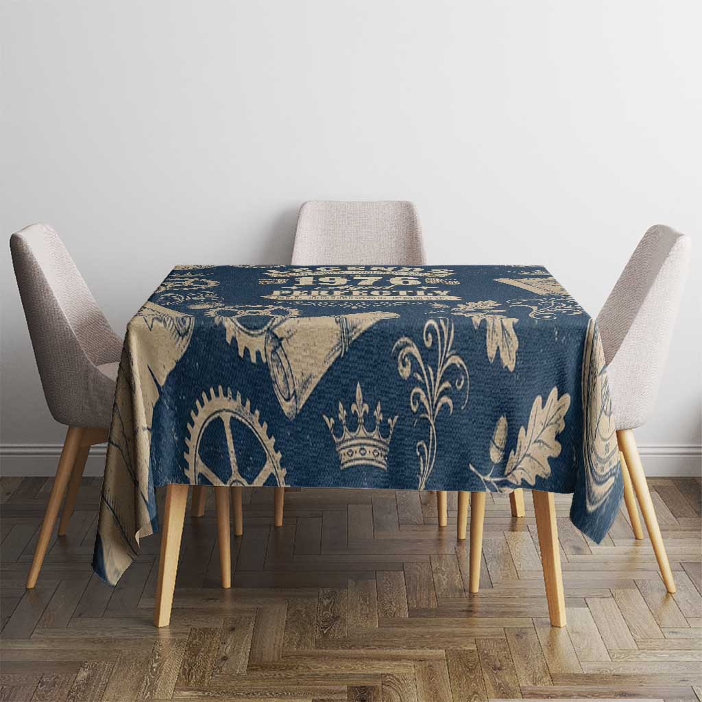 Legend 1976 Vintage Gears and Scrolls Design Tablecloth with Crown Motif in Classic Blue and Beige Retro