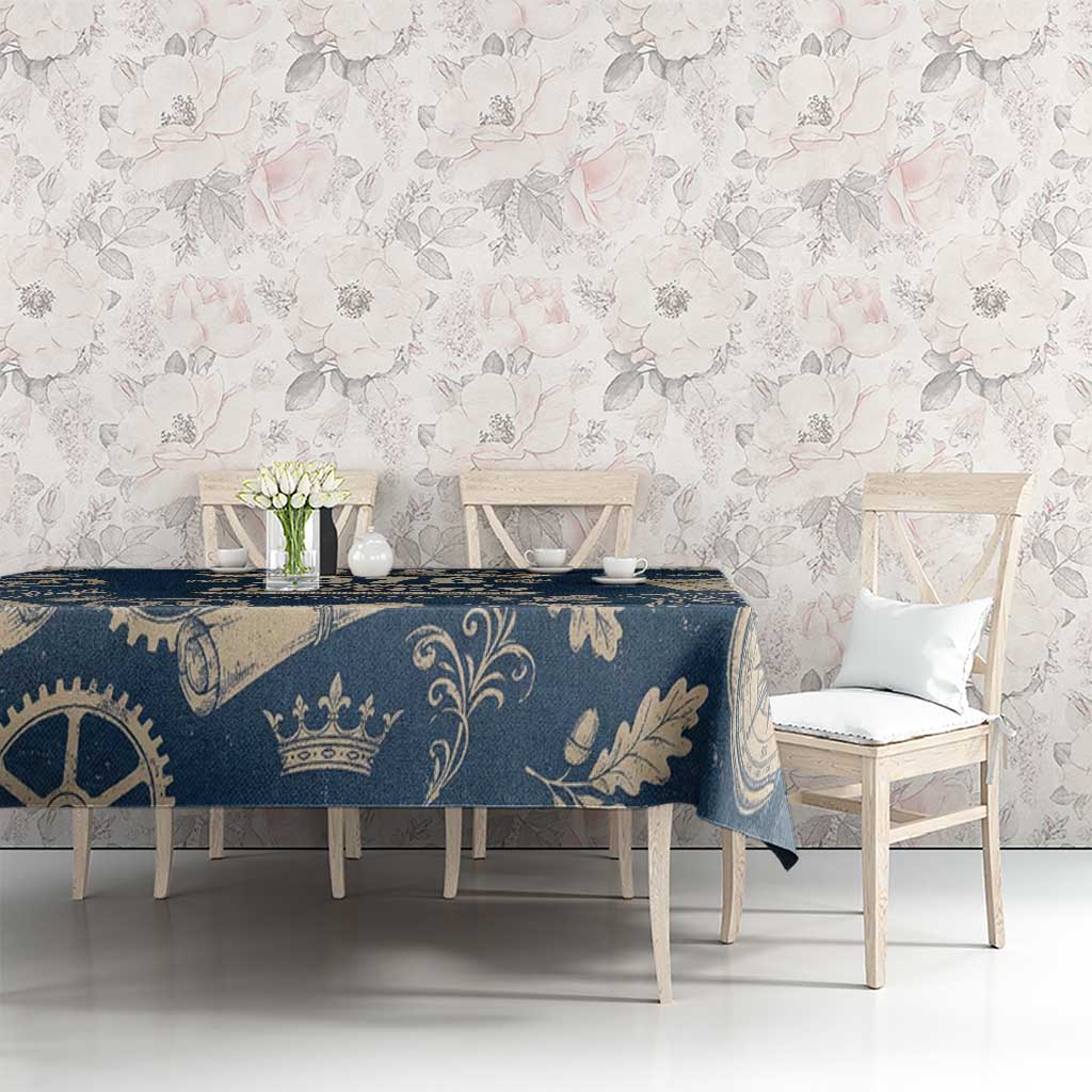 Legend 1976 Vintage Gears and Scrolls Design Tablecloth with Crown Motif in Classic Blue and Beige Retro