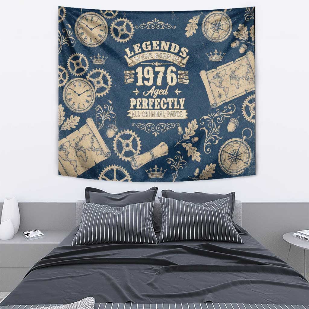 Legend 1976 Vintage Gears and Scrolls Design Tapestry with Crown Motif in Classic Blue and Beige Retro