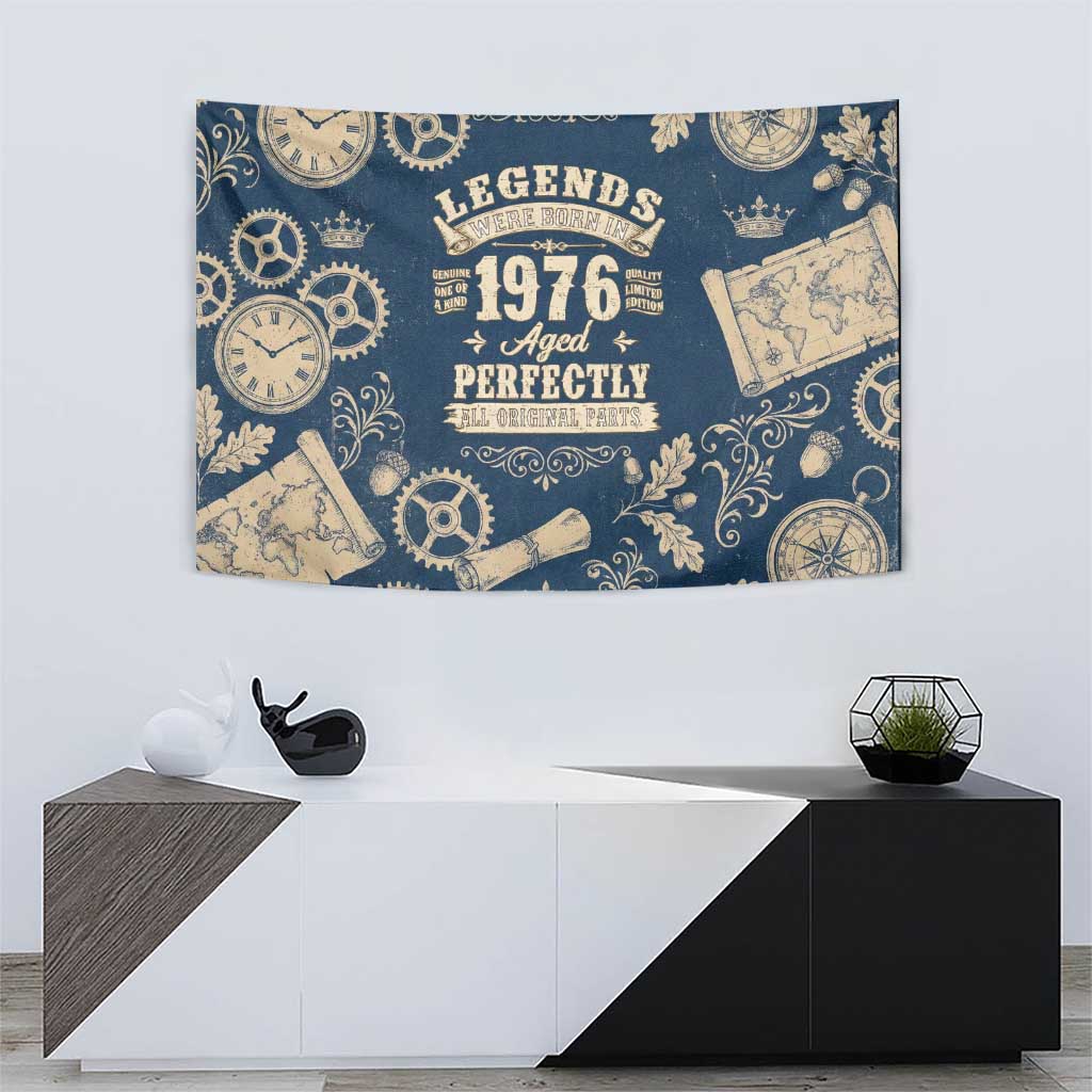 Legend 1976 Vintage Gears and Scrolls Design Tapestry with Crown Motif in Classic Blue and Beige Retro