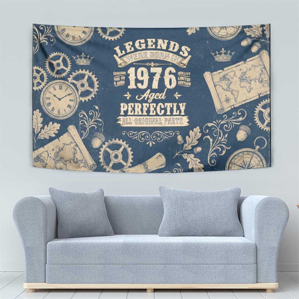 Legend 1976 Vintage Gears and Scrolls Design Tapestry with Crown Motif in Classic Blue and Beige Retro