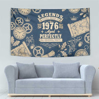 Legend 1976 Vintage Gears and Scrolls Design Tapestry with Crown Motif in Classic Blue and Beige Retro
