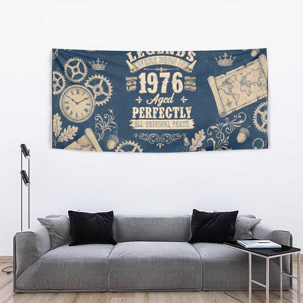 Legend 1976 Vintage Gears and Scrolls Design Tapestry with Crown Motif in Classic Blue and Beige Retro
